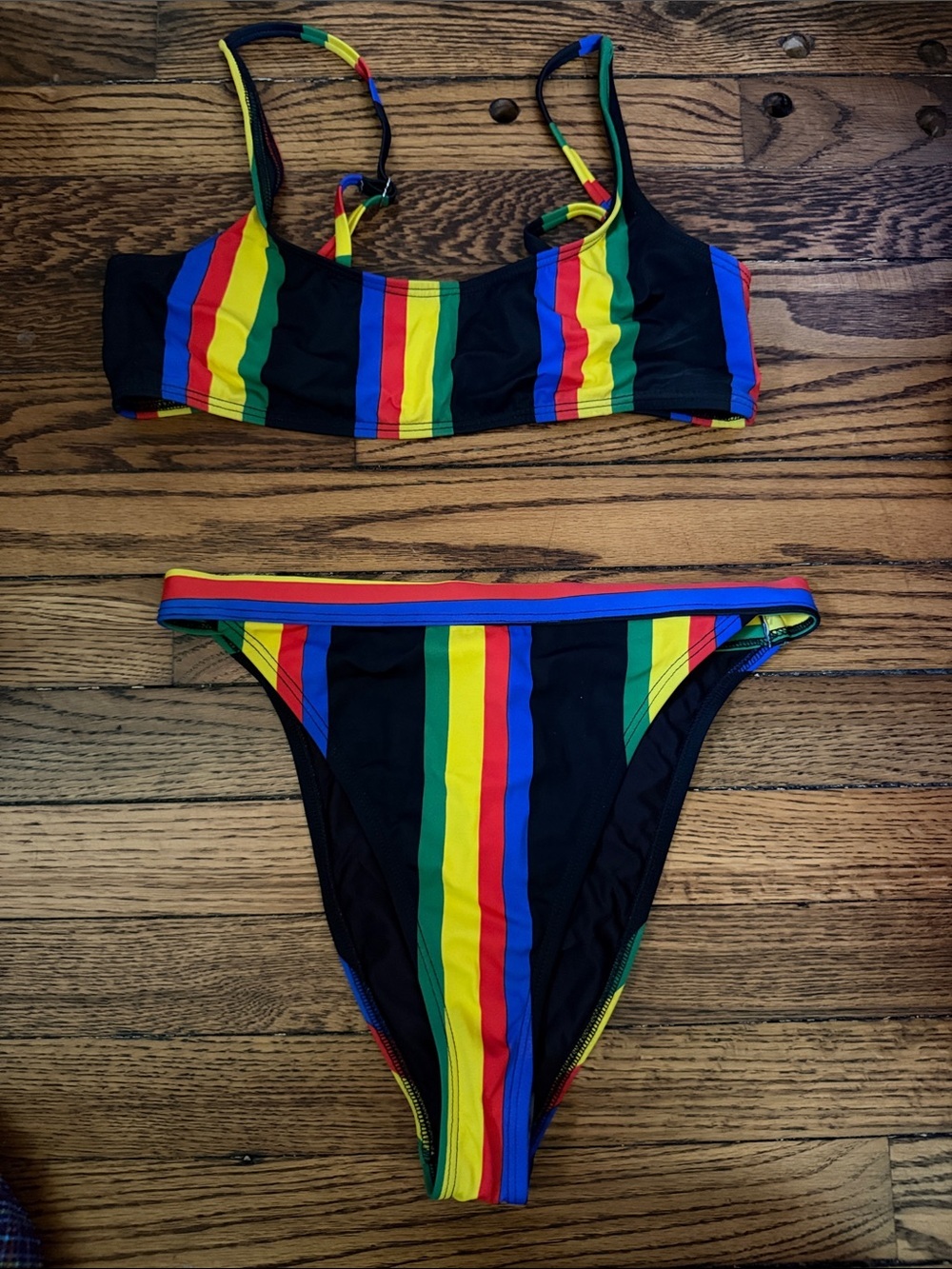 NWOT RIS-K Swim Rainbow Stripe Bikini Set Women’s SZ M Black High Cut Two Piece